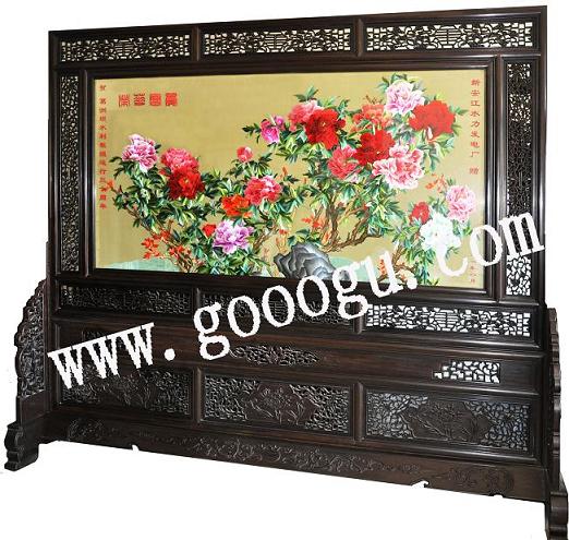 葛洲壩水利工程大廳屏風(fēng)：蘇繡屏風(fēng)，嬌古蘇繡，榮華富貴屏風(fēng)